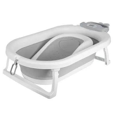 Produktbild von Faltbare XL Baby Badewanne mit Rutschfestem Badewannensitz,Tragbare Baby Bathtub mit Duschhaube &Thermometer,Geburtsgeschenke 43x18x86cm Grau