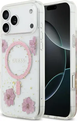 A clear, professional shot of an iPhone case with pink flowers and gold glitter, placed on a white background.