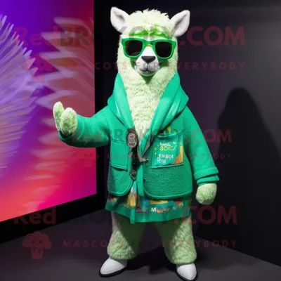 Produktbild von Grünes REDBROKOLY Lama Maskottchen kostüm gekleidet in eine Strickjacke und eine Sonnenbrille