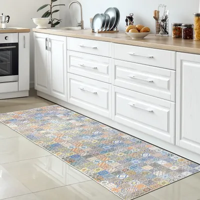 Image de Tapis de cuisine lavable à motif de carreaux colorés - Dimensions : 100 x 300 cm