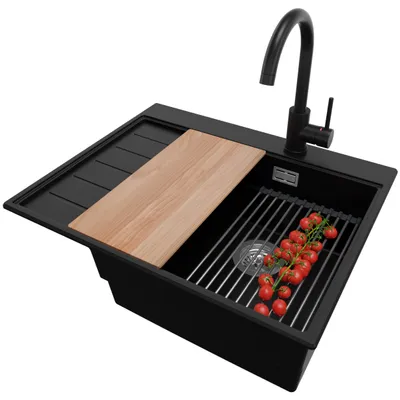 Produktbild von PRIMAGRAN Granitspüle Schwarz 62x50cm, Spülbecken 1 Becken + Küchenarmatur 32x20cm + Ablauf-Set + Küchenzubehörset, Küchenspüle ab 45er Unterschrank - Sydney