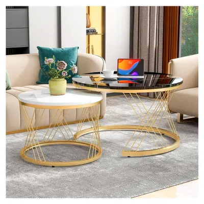 Produktbild von Runder Couchtisch, 2er Set, Moderner Beistelltisch mit Goldmetallgestell und Marmormuster, Sofatisch für Wohnzimmer, Balkon und Büro, Schwarz & Weiß