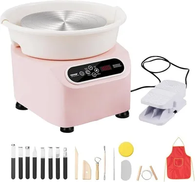 Imagen del producto de Regalo creativo para cumpleaños, mini torno de cerámica eléctrico: incluye arcilla, herramientas y pedal, torno de cerámica de 30 cm para niños y adultos, ideal para proyectos de manualidades, color rosa