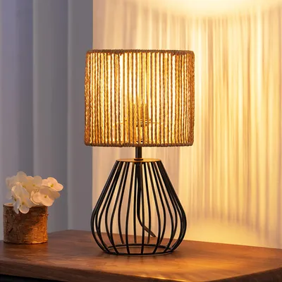 Zdjęcie produktu dla Lampa stołowa EDISHINE do salonu, lampa stołowa boho z kloszem z papierowej liny, czarna
