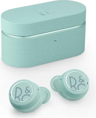 A pair of teal Bang & Olufsen Beoplay E8 Sport wireless earbuds and their charging case are displayed against a white background.