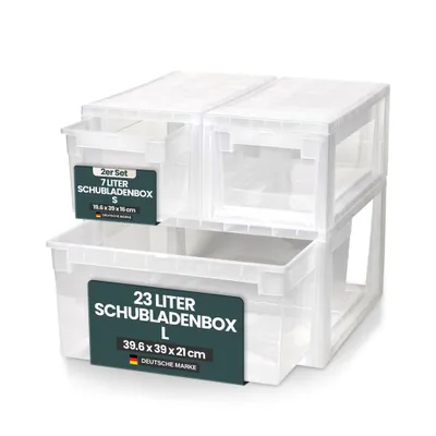 Produktbild von Set: 2 x Schubladenboxen Größe S mit Nutzvolumen 7 Liter und 1 x Größe L mit Nutzvolumen 23 Liter