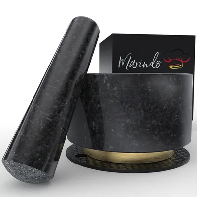 Produktbild von XL Granit Mörser mit Stößel und Rutschfeste Untersetzer ⌀ 14 x 8 cm Gewürzmörser Groß Küchenmörser Steinmörser