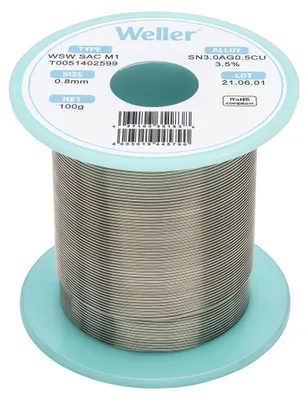 Produktbild von Weller WSW SAC M1 Bleifreier Lötdraht, Ø 0,8mm, Legierung Sn96.5Ag3Cu0.5, Flussmittelgehalt 3,5%, 100 g