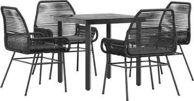 Produktbild von 5-tlg. Garten-Essgruppe mit Kissen Schwarz Poly Rattan Glas