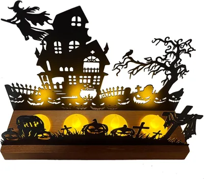 Produktbild von Halloween-Kerzenhalter mit Holzfuß, mit Kürbissilhouette für Teelichter