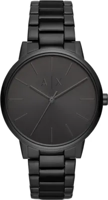 A close-up, front-facing studio shot of a black Armani Exchange men's watch.