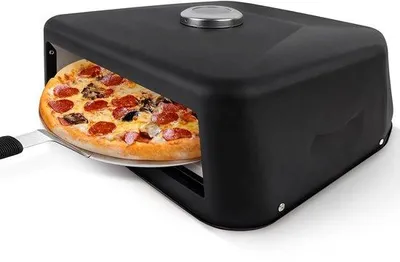 Image de Gril portable pour pizza - Multifonctionnel, étanche, avec thermomètre - Pour barbecue en extérieur - Pierre à pizza noire, en métal, pour barbecue