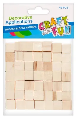 The image shows a retail package containing small wooden blocks. The packaging has branding and product information.
