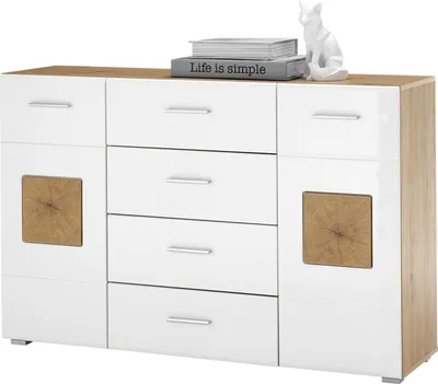 Produktbild von Sideboard Anrichte mit 4 Schubladen 140 cm weiß hochglanz Artisan Eiche - GEORGIA - Die Möbelfundgrube