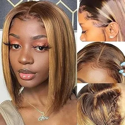 Imagen del producto de Peluca tipo "bob" con efecto degradado ("ombre") hecha con cabello humano al 100%, de 10 pulgadas de largo