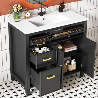 Produktbild von Flieks freistehender Waschtisch mit integriertes Keramikbecken, Waschtisch für das Badezimmer, Aufbewahrungsschrank 91.5x46.5x87cm, Schwarz