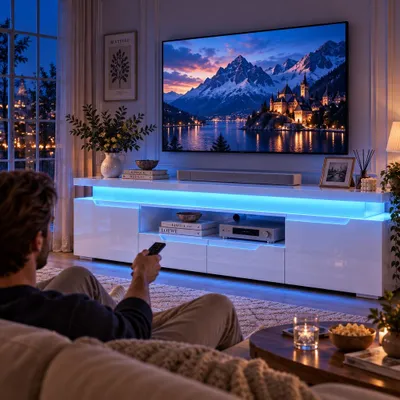 Imagen del producto de Mueble de TV INONEFT de 180 cm con LED y USB, mueble de TV de alta brillo con 2 armarios y 2 cajones, mueble bajo para televisores de 55-75 pulgadas, color blanco