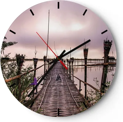 Produktbild von Wanduhr - Rund - Glasuhr - Brücke See Fackel - 30x30cm - Schleichendes Uhrwerk - Lautlos - zum Aufhängen bereit - Dekoration Modern - Wanddekoration aus Glas - C3AR30x30-4627