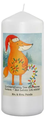 Produktbild von Mr. & Mrs. Panda Kerze Fuchs Weihnachten Design 19 x 8 cm - Weiß - Geschenk, Erinnerungslicht, Blockkerze, Wachskerze, Füchse, Nikolaus, Bedruckte, Weihnachtsmann, Winter
