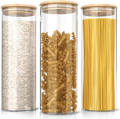 Three glass storage jars filled with different food items, arranged side-by-side.