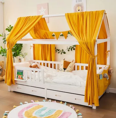 Zdjęcie produktu dla Alavya Home Zestaw dekoracyjny z Muślinu 125x350 cm Bawełna Organiczna Żółty Musztardowy - Falbany i Girlanda