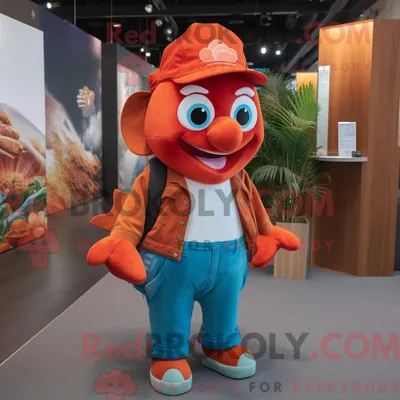 Immagine prodotto di Personaggio mascotte REDBROKOLY di un pesce pagliaccio rosso vestito con jeans e cappelli da fidanzato
