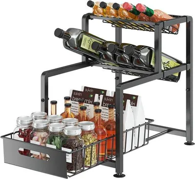 Zdjęcie produktu dla Organizer do szafek podwieszanych z metalu, regulowany na wysokość (42–48 cm), 3 półki (górne 2 z nachyleniem 45°), wysuwana szuflada, wymiary: 42×30×42,5–48 cm, do kuchni i łazienki