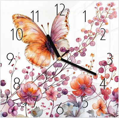 Produktbild von Wanduhr aus Glas mit Motiv Blumen und Schmetterlinge- 30 x 30 cm - inkl. Aufhängesystem
