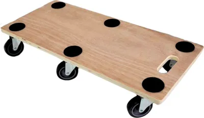 A wooden furniture dolly with six wheels and black non-slip pads, shown against a white background.