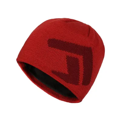 Rote Mütze von DirectAlpine mit schwarzem Innenfutter und Logo.