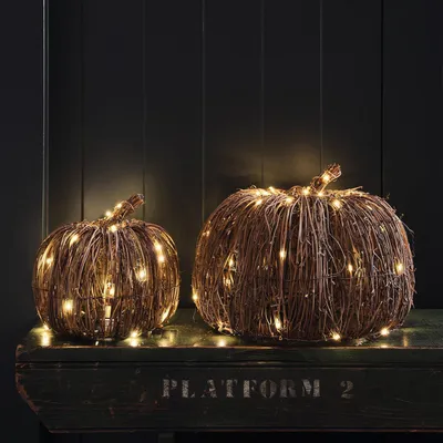 Imagen del producto de Calabazas de Halloween, otoño, preiluminadas, de ratán. Juego de 2. Decoración para porche o jardín