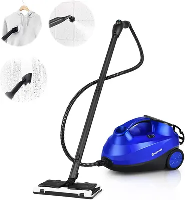 A blue steam cleaner with various attachments shown in inset images demonstrating its use on clothing, tiles, and windows.