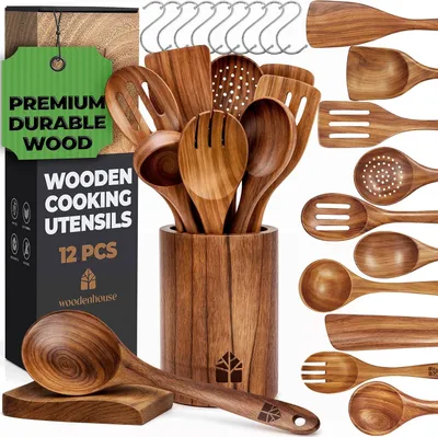 Produktbild von Holzlöffel 12 Stück, Teakholz, Set mit Halter, zum Kochen