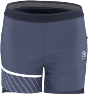 Dunkelblaue Damen-Shorts "Comp Short W" von La Sportiva mit grafischem Muster.