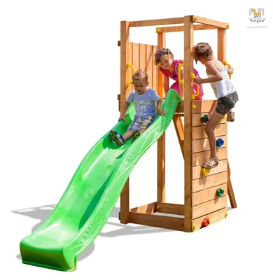 Zdjęcie produktu dla Wieża zabaw Fungoo / domek ogrodowy TIPTOP, ze zjeżdżalnią 2,20 m i ścianką wspinaczkową; 03305