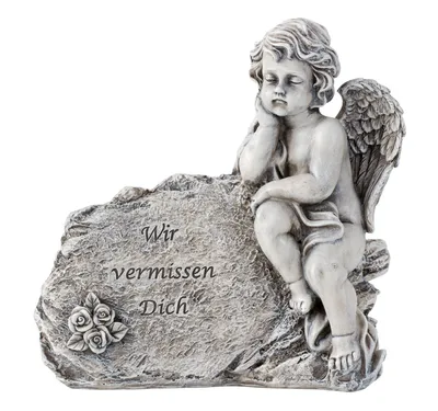 Produktbild von Grabengel „Wir vermissen Dich“ mit Rosenmotiv aus Polyresin