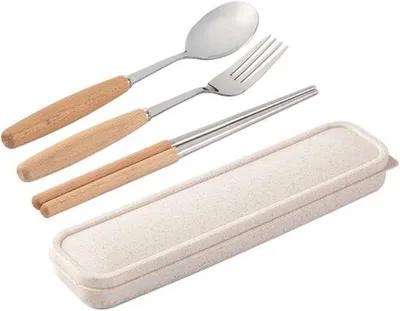 Produktbild von Draagbaar roestvrijstalen bestekset, driedelige lepelset en vorken van voedselveilig Japanse hout.