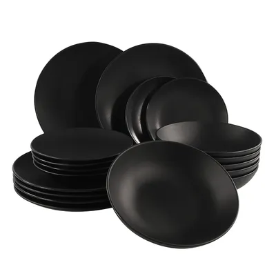 Obrázek produktu pro Jemný keramický servis nádobí v černé matné barvě - 18 dílů - Sada nádobí pro 6 osob Talíř na dort Talíř na polévku - Nádobí Jídelní nádobí