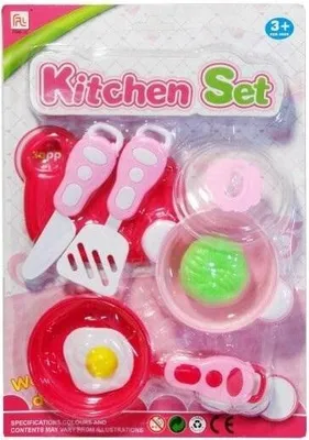 Produktbild von Spielzeug-Küchenutensilien-Set farbenfroh mit Topf, Pfanne, Deckel, Brett, Messer, Sieb für Kinder ab 3 Jahren