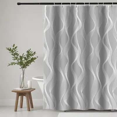 Produktbild von Waschbarer Duschvorhang aus Polyestergewebe mit 12 Ringen, wasserdicht für Dusche und Badewanne, 180 x 180 cm, grau