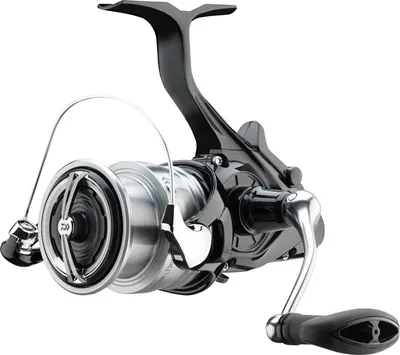 A studio shot of a fishing reel against a white background.