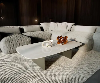 Produktbild von DELIFE Couchtisch Edge Boot 135x80 cm Keramik Onyx Champagne Salto Metall Effektfinish Titan