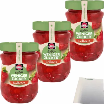Produktbild von Schwartau Extra Weniger Zucker Erdbeere Fruchtaufstrich 3er Pack (3x300g Glas) + usy Block