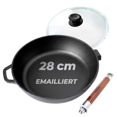 Produktbild von BIOL Emaillierte Gusseisen-Bratpfanne 28 cm mit Glasdeckel und abnehmbarem Holzgriff