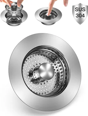 Produktbild von 3-in-1 Abflusssieb für Küchenspüle, 304 Edelstahl, Pop Up Waschbeckenstöpsel, Anti Verstopfung, Bounce Core Siebkorbfilter
