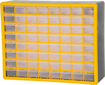 Produktbild von Cosimo Kleinteilemagazin mit 64 Schubfächer grau/gelb | HxBxT 39x50x16cm | Kleinteileregal, Sortimentsboxen, Sortimentskastenregal, Regalsystem