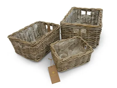 Produktbild von Rattan Pflanzkorb 3er Set Kubu Natural – rechteckig mit Folie, Pflanzgefäß für Balkon, Terrasse & Garten | OLEA Solani Home