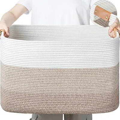 Image de Panier de rangement de 50 litres, blanc et marron, pour les jouets