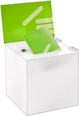 Produktbild von Losbox in 200x200x200mm mit Schloß und Topschild DIN A5 Quer, aus opalem / blickdichtem Acrylglas - Zeigis® / Spendenbox / Aktionsbox / Gewinnspielbox / abschließbar