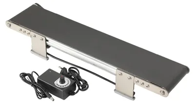 Obrázok produktu pre Dopravník – Elektrický stolový dopravník – Rozmery 500 × 100 mm – Striedavý prúd 100–240 V – Automatický – Kovový rám – Pre malé montážne linky